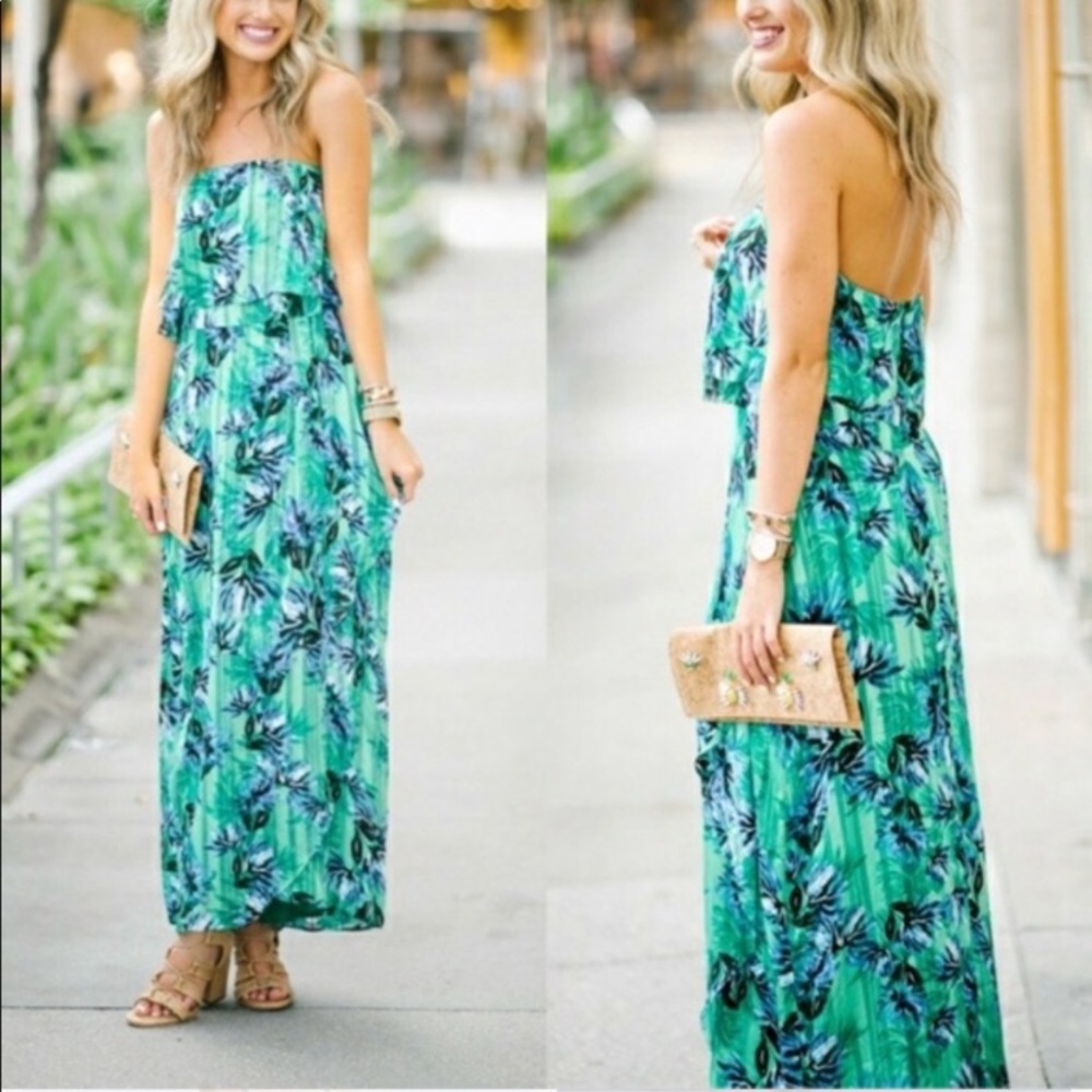 Green / Blue Tropical Maxi Dress